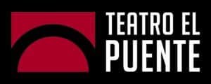 Logo del Teatro El Puente sobre un fondo negro. A la izquierda, se muestra un ícono de un rectángulo rojo con un arco negro en el centro que simula la forma de un puente. A la derecha, el texto "TEATRO EL PUENTE" en letras mayúsculas de color blanco.